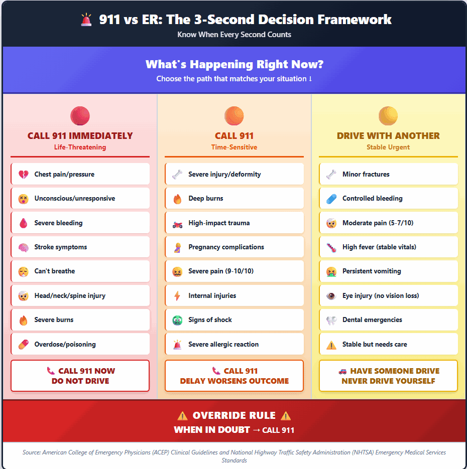 Three-tier framework: call 911 immediately for chest pain, unresponsiveness, severe bleeding or stroke signs; call 911 for time-sensitive severe injury or shock; have someone drive for stable urgent problems such as minor fractures