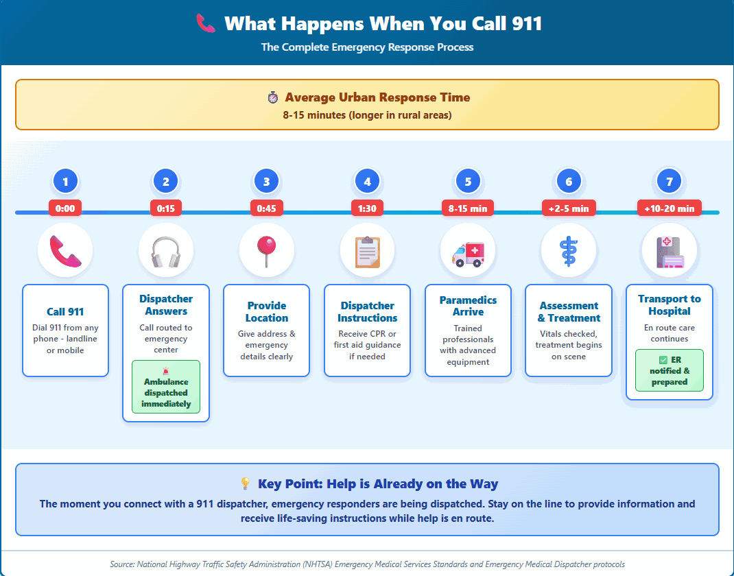 What happens when you call 911, from dialling through dispatcher instructions to paramedics arriving in an average 8 to 15 minutes in urban areas, then assessment, treatment and transport with the ER notified in advance