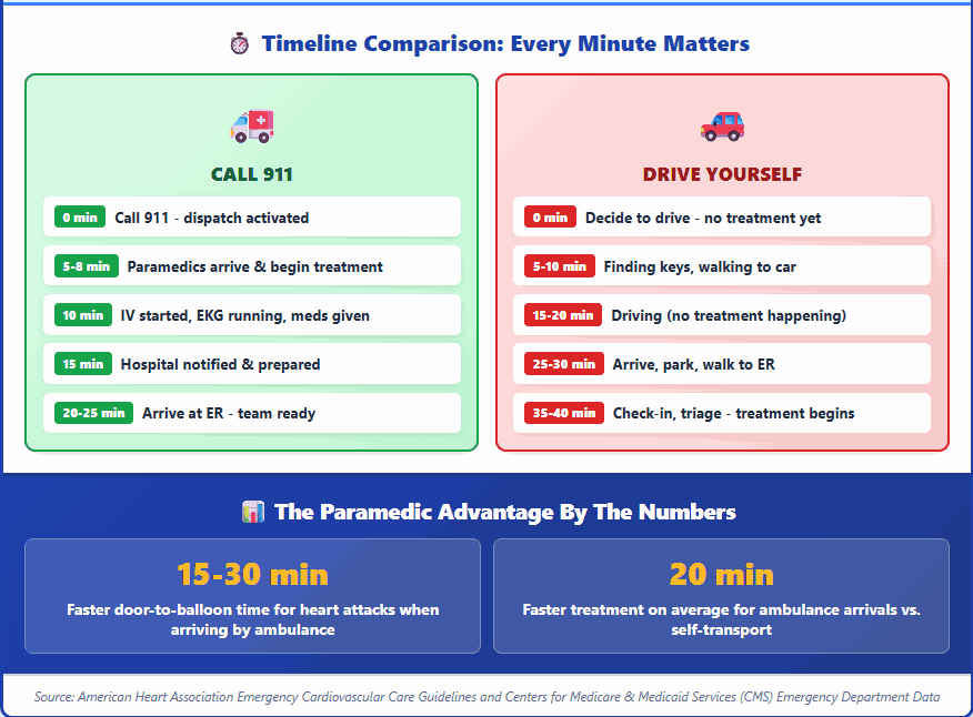 Timeline comparison showing treatment starting within 5 to 8 minutes when calling 911 versus 35 to 40 minutes when driving yourself, with ambulance arrival giving 15 to 30 minutes faster door-to-balloon time for heart attacks
