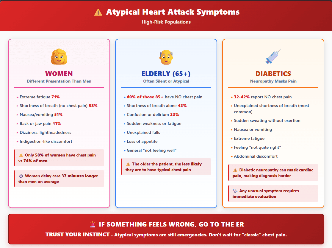 Atypical heart attack symptoms in high risk groups: only 58 percent of women have chest pain versus 74 percent of men, 60 percent of people over 85 have none, and 32 to 42 percent of diabetics report no chest pain