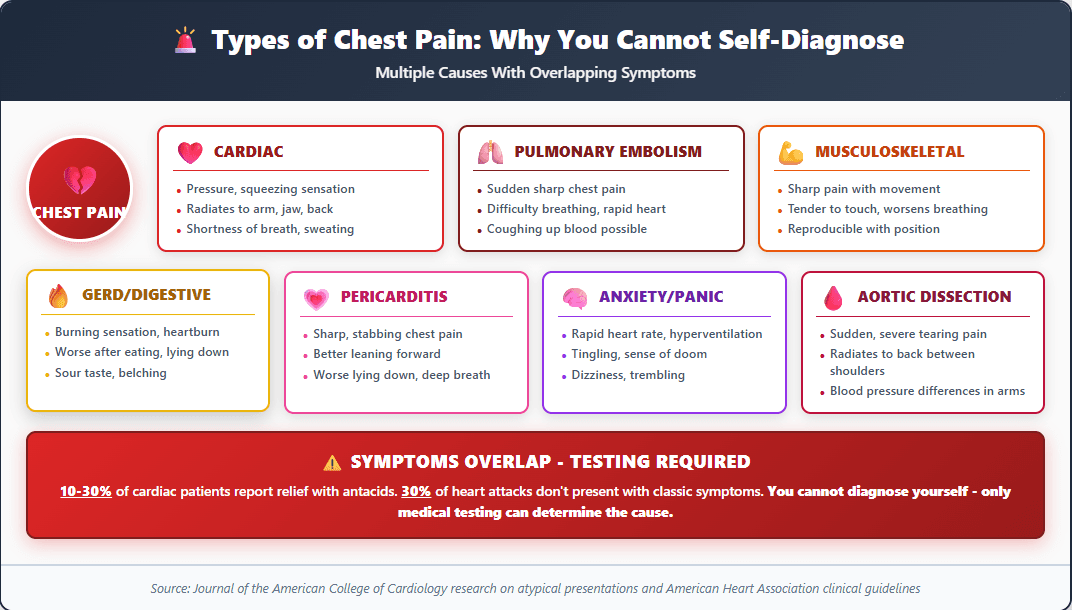 Types of chest pain with overlapping symptoms including cardiac, GERD, pericarditis, pulmonary embolism, musculoskeletal, anxiety and aortic dissection, showing why testing is required