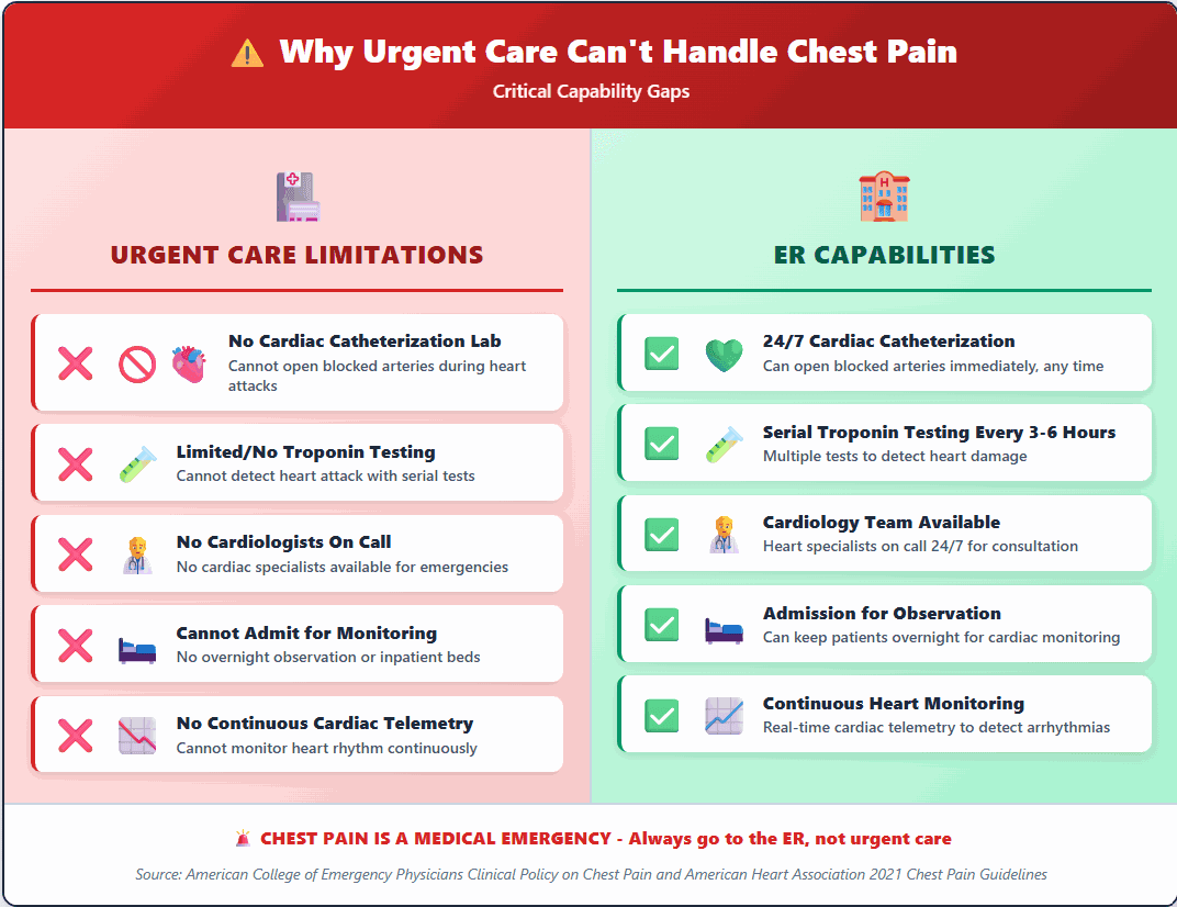 Why urgent care cannot handle chest pain, comparing missing cardiac catheterisation, troponin testing, cardiology cover and monitoring against full emergency room capabilities