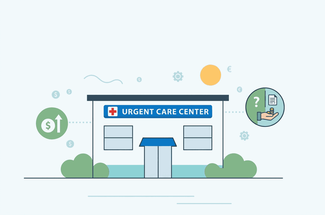 Illustration of an urgent care center building surrounded by cost and billing icons