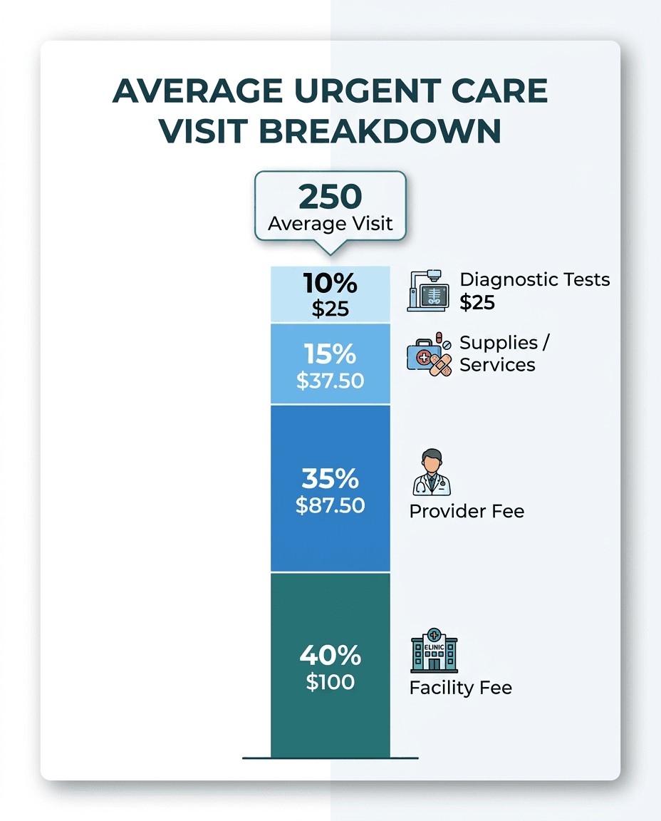 Bar chart breaking down an average $250 urgent care visit: 40 percent facility fee at $100, 35 percent provider fee at $87.50, 15 percent supplies and services at $37.50 and 10 percent diagnostic tests at $25