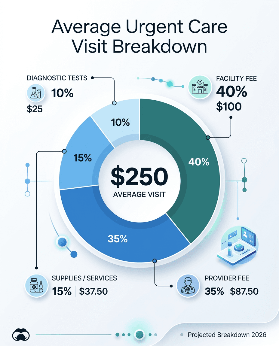Donut chart of an average $250 urgent care visit split into facility fee 40 percent, provider fee 35 percent, supplies and services 15 percent and diagnostic tests 10 percent
