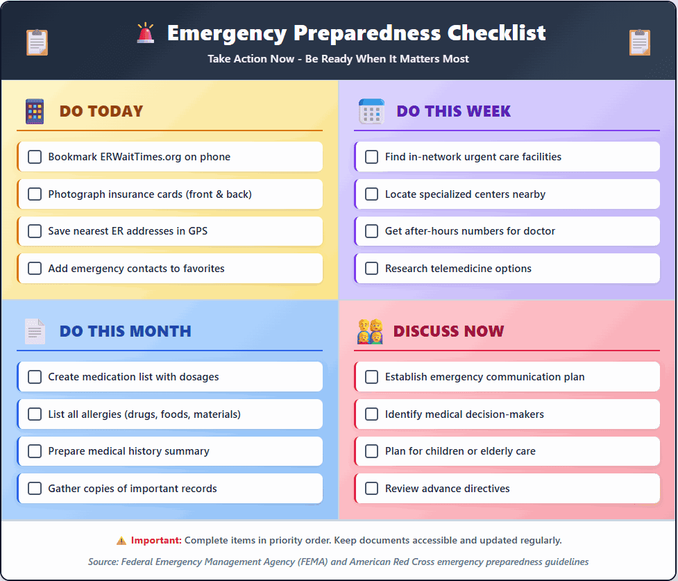 Emergency preparedness checklist grouped by do today, do this week, do this month and discuss now, covering insurance photos, nearby ER addresses, medication lists and advance directives