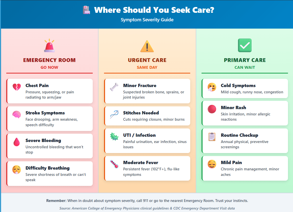 Symptom severity guide: emergency room now for chest pain, stroke signs, severe bleeding and difficulty breathing; urgent care same day for minor fractures, stitches, UTIs and moderate fever; primary care for colds, minor rashes and routine checkups