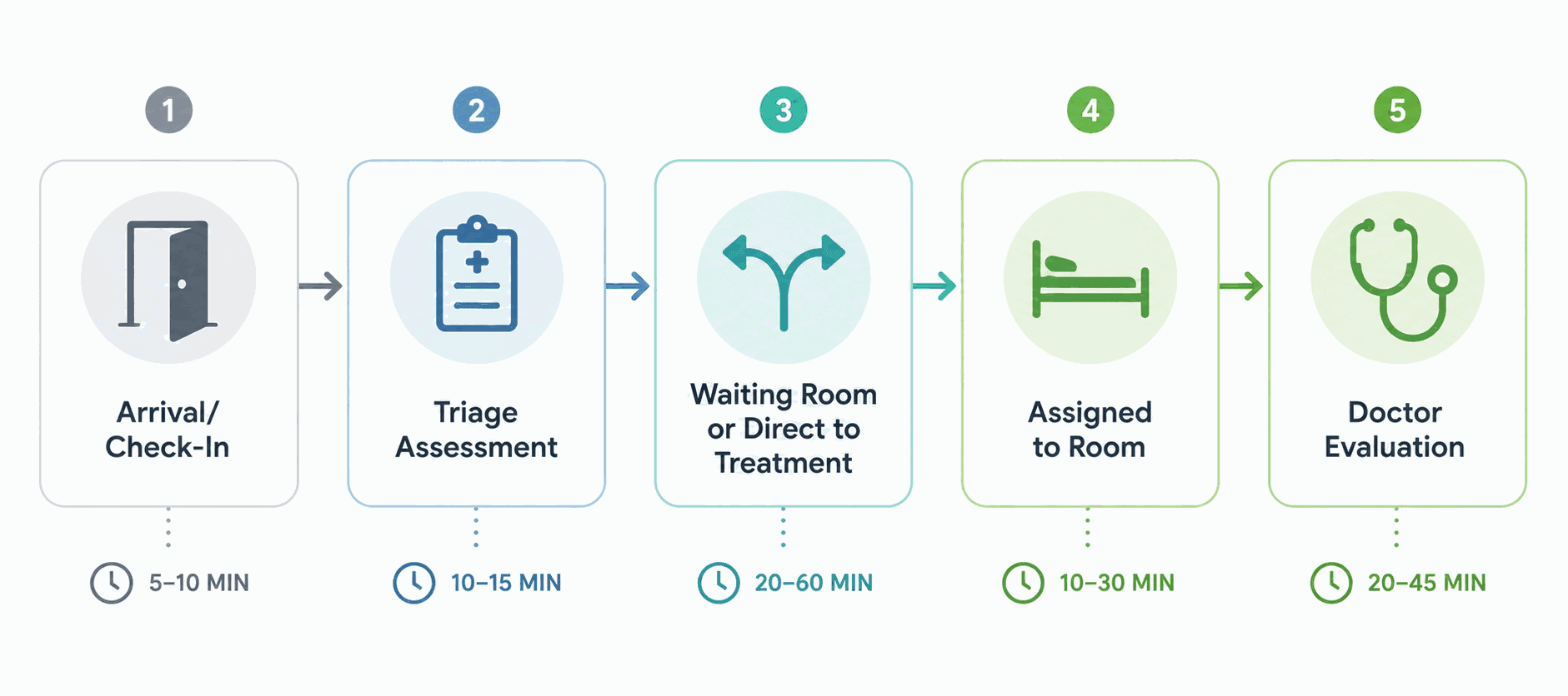 Five stages of an ER visit with typical timings: arrival and check-in 5 to 10 minutes, triage assessment 10 to 15 minutes, waiting room 20 to 60 minutes, assigned to a room 10 to 30 minutes and doctor evaluation 20 to 45 minutes