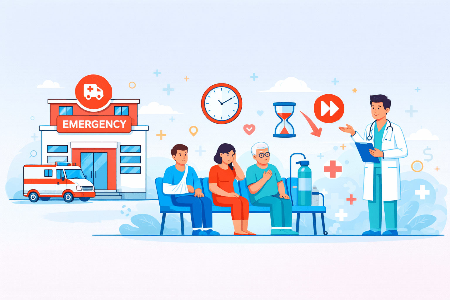 Illustration of patients waiting in an emergency department reception area with an ambulance outside, a clock and hourglass, and a doctor holding a clipboard