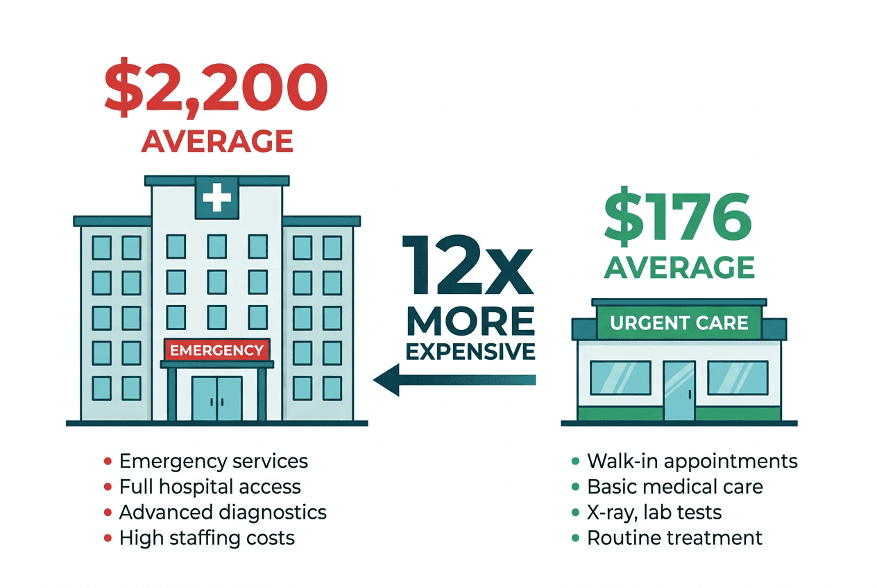 Average visit cost of $2,200 at the emergency room versus $176 at urgent care, roughly 12 times more expensive