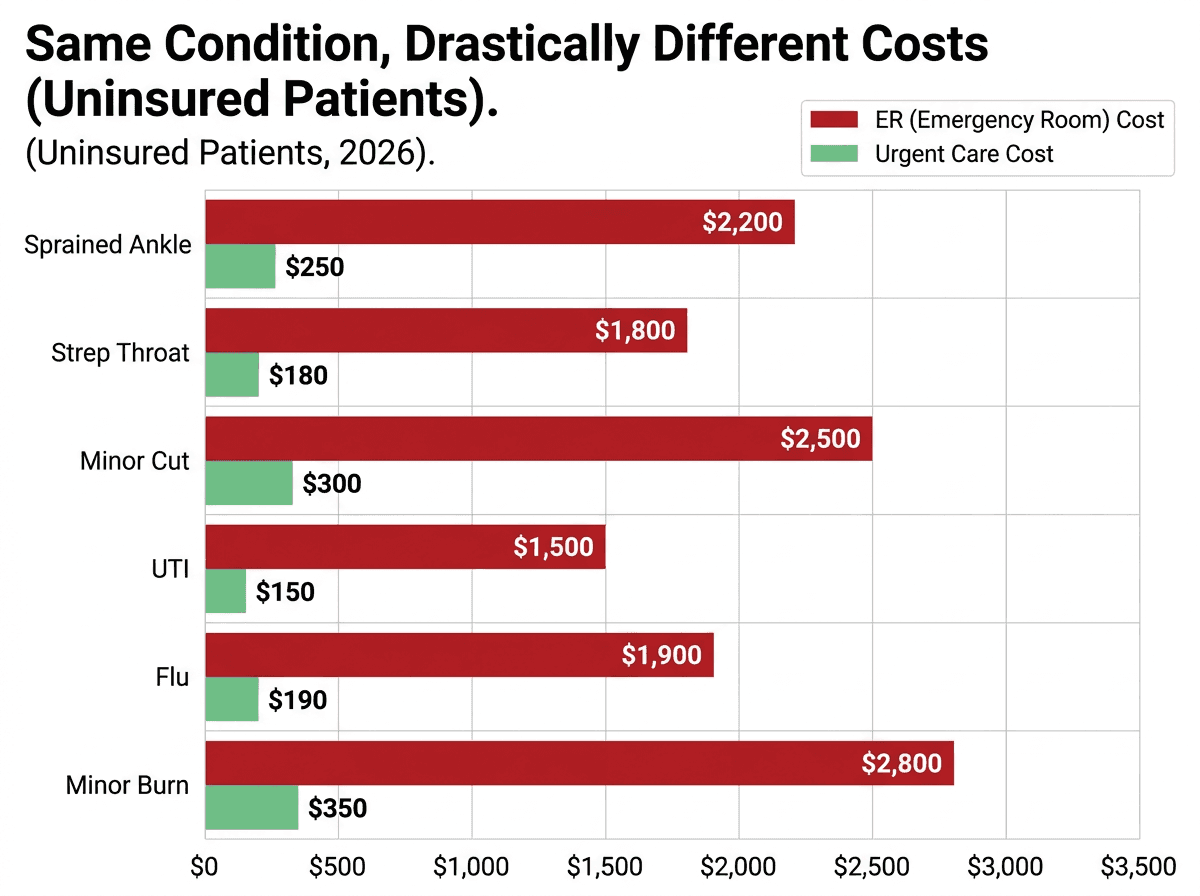 Uninsured cost by condition, ER against urgent care: sprained ankle $2,200 versus $250, strep throat $1,800 versus $180, minor cut $2,500 versus $300, UTI $1,500 versus $150 and minor burn $2,800 versus $350