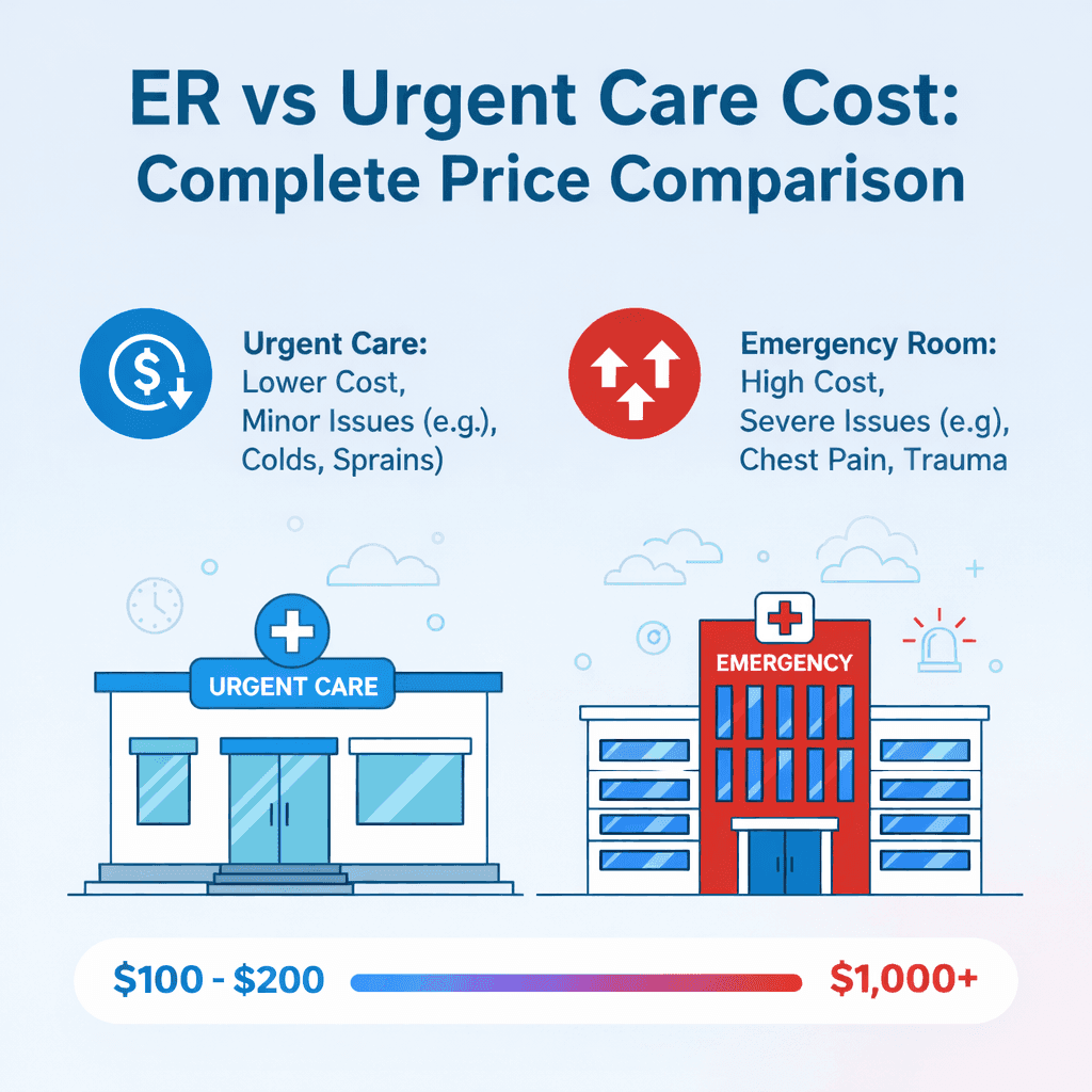 ER versus urgent care cost overview: urgent care $100 to $200 for minor issues such as colds and sprains, emergency room $1,000 or more for severe issues such as chest pain and trauma