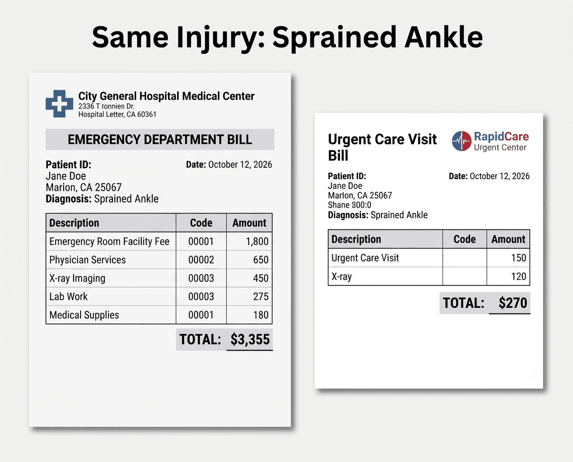 Two sample bills for the same sprained ankle: an emergency department bill totalling $3,355 including an $1,800 facility fee, against an urgent care bill totalling $270