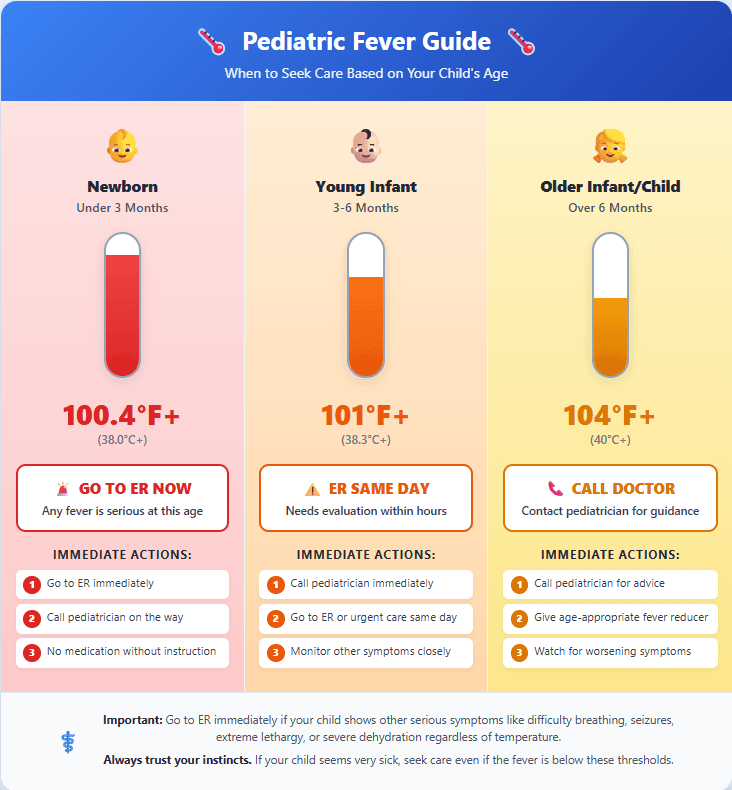 Pediatric fever guide by age: under 3 months any fever of 100.4F or above means go to the ER now, 3 to 6 months at 101F needs ER the same day, over 6 months at 104F means call the pediatrician