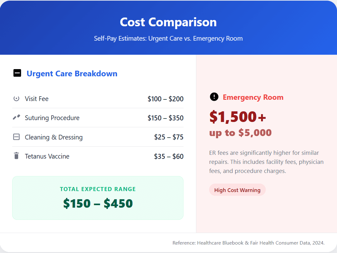 Self-pay cost comparison for stitches showing urgent care totalling $150 to $450 versus $1,500 up to $5,000 at an emergency room