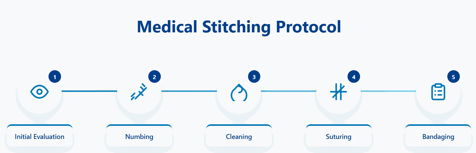 Five step medical stitching protocol at urgent care: initial evaluation, numbing, cleaning, suturing and bandaging