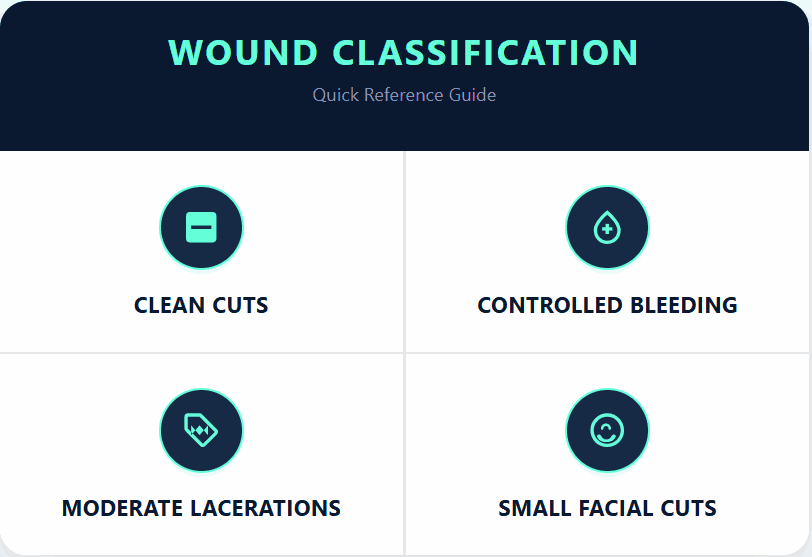 Wound classification quick reference guide showing clean cuts, controlled bleeding, moderate lacerations and small facial cuts