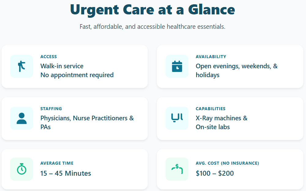 Urgent care at a glance: walk-in with no appointment, staffed by physicians, nurse practitioners and PAs, average visit 15 to 45 minutes, X-ray and on-site labs, $100 to $200 without insurance