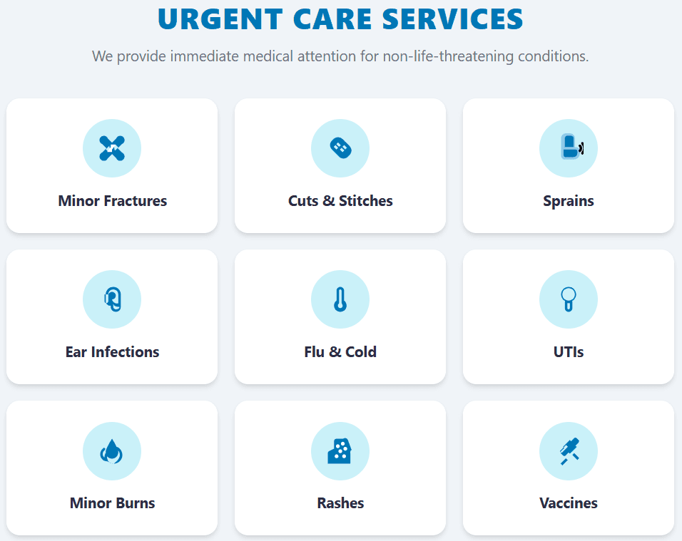 Conditions treated at urgent care: minor fractures, cuts and stitches, sprains, ear infections, flu and cold, UTIs, minor burns, rashes and vaccines
