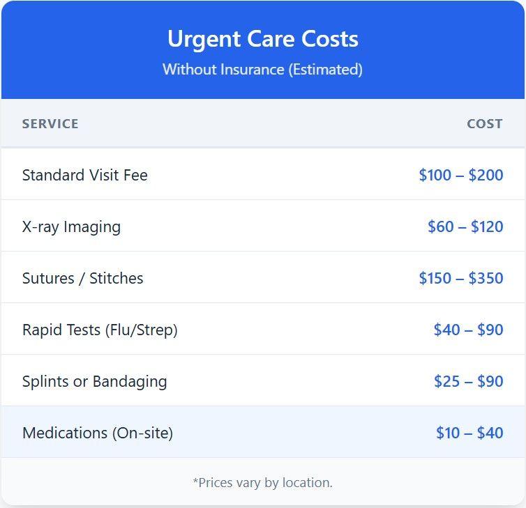 Urgent care costs without insurance: standard visit $100 to $200, X-ray $60 to $120, sutures $150 to $350, rapid flu or strep tests $40 to $90, splints $25 to $90 and on-site medications $10 to $40