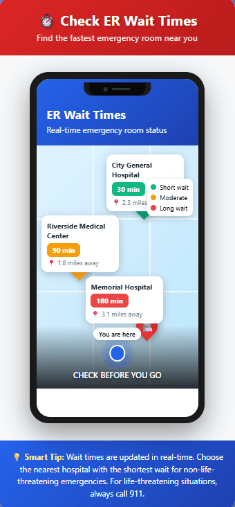 Phone screen comparing nearby emergency room wait times, showing a 30 minute short wait, a 90 minute moderate wait and a 180 minute long wait, with advice to call 911 for life-threatening situations