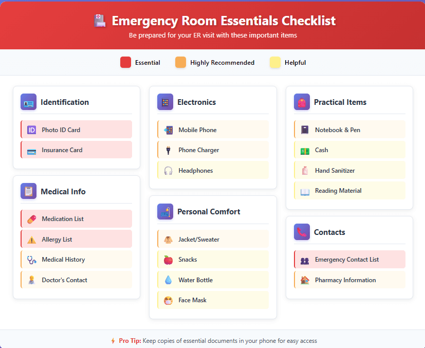 Emergency room essentials checklist grouped as essential, highly recommended and helpful: photo ID, insurance card, medication and allergy lists, phone and charger, notebook, jacket, snacks and emergency contacts