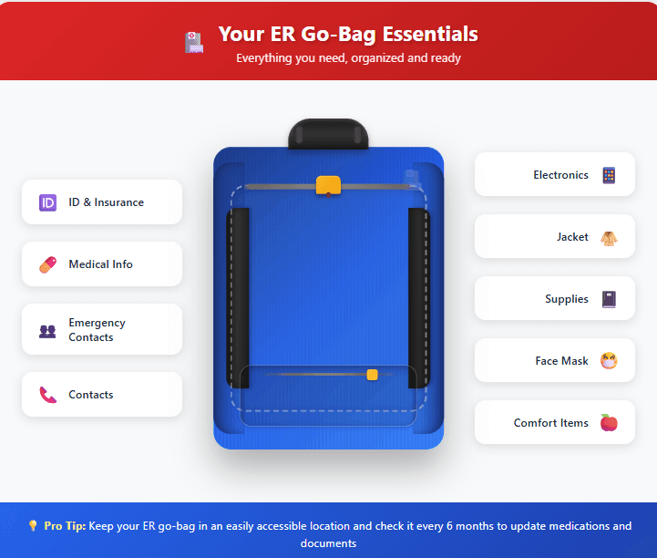 ER go-bag essentials organised into ID and insurance, medical info, emergency contacts, electronics, supplies and comfort items, with advice to check it every 6 months