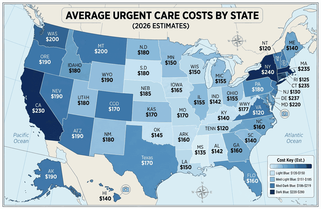 Map of average urgent care costs by US state, ranging from about $120 in the cheapest states to roughly $240 in New York