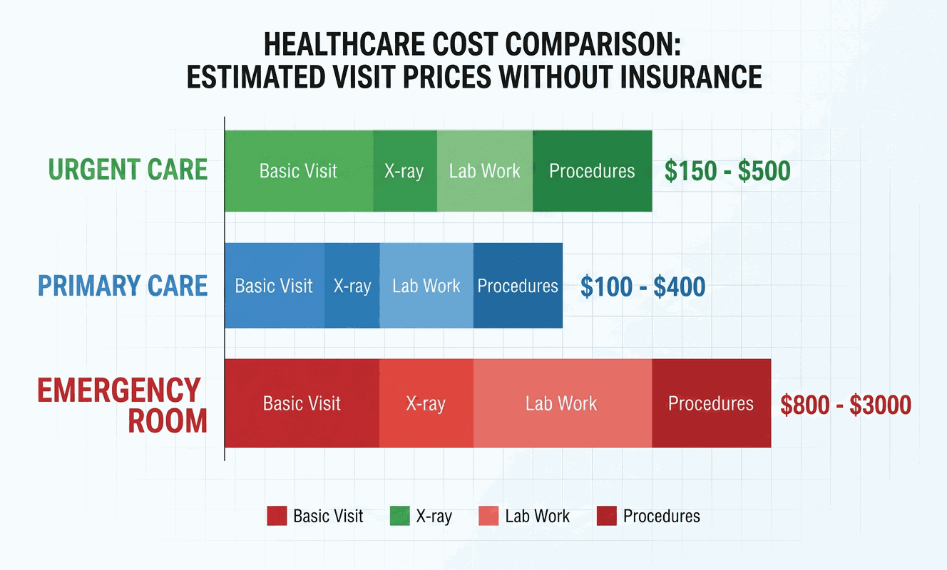 Estimated visit prices without insurance comparing urgent care at $150 to $500, primary care at $100 to $400 and the emergency room at $800 to $3,000 across basic visit, X-ray, lab work and procedures