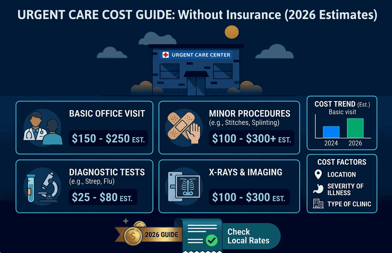 Urgent care cost guide without insurance showing a basic office visit at $150 to $250, minor procedures such as stitches and splinting at $100 to $300, diagnostic tests at $25 to $80 and X-rays and imaging at $100 to $300
