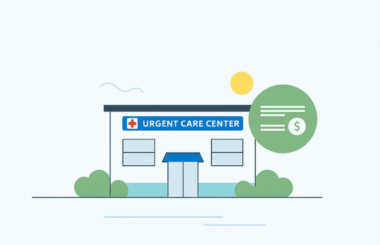Illustration of an urgent care center building next to a billing statement icon