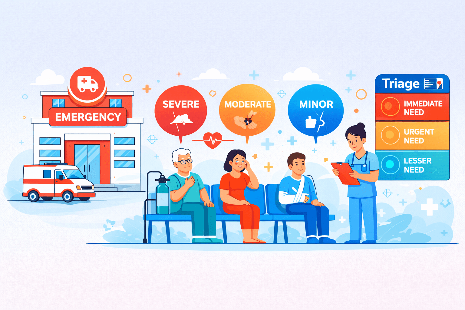 Illustration of an emergency department waiting area with patients sorted as severe, moderate and minor, beside a triage board marked immediate need, urgent need and lesser need